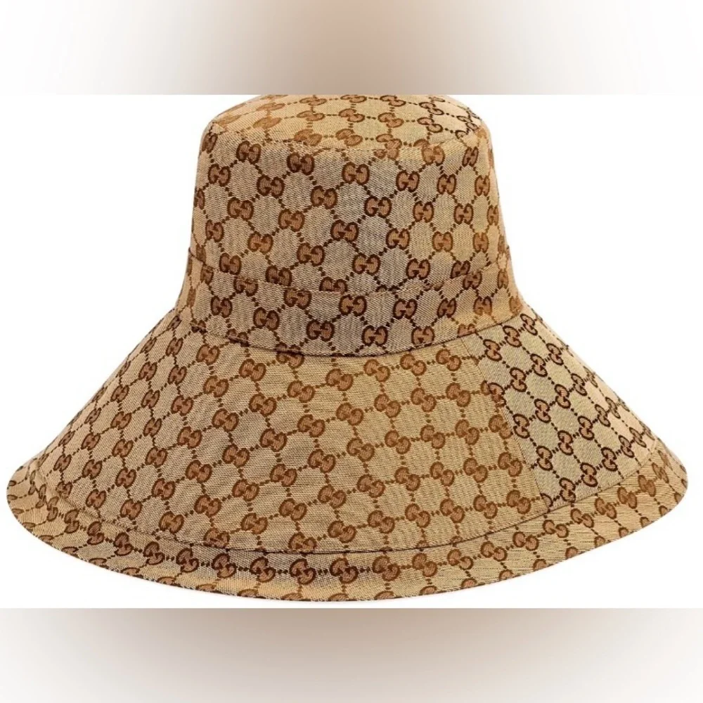 Gucci GG Beige Monogram Bucket Hat Wide Brim Large Trim Stiff Canvas Jacquard - Picture 8 of 15